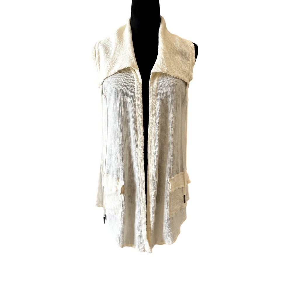 XCVI Cream Crinkle Gauze Open Front Sleeveless Tunic Tank Vest Size S